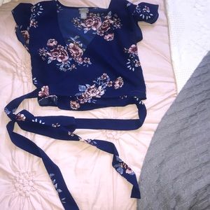 cropped wrap-around floral top